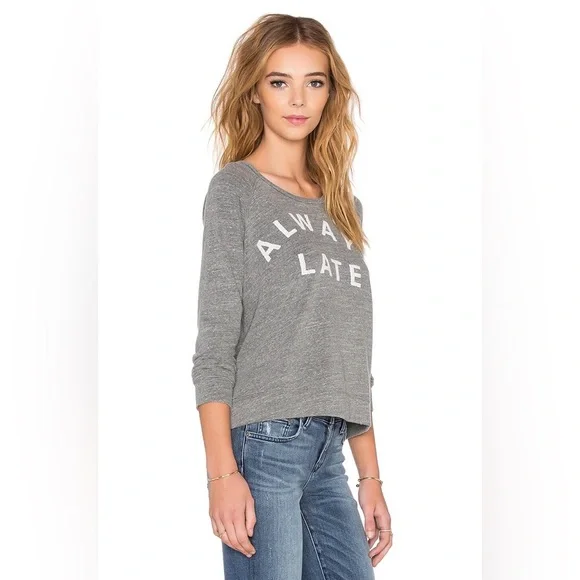 Sundry “Always Late” Graphic Pullover Sweatshirt Gray Long Sleeve – Size 0 (XS) - Picture 2 of 12